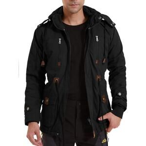 CRYSULLY Military Jacket Field Fleece Cargo Coat Black Removable Hood Sz S Men's